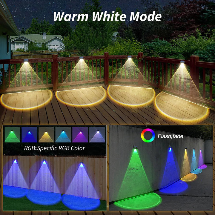 Solar Fence Lights Outdoor, RGB &amp; Warm White LED Wall Lights 60LM, 10+ Hours Auto On/Off, IP65 Waterproof Decorative Lighting for Garden, Patio &amp; Yard | NoxLumin