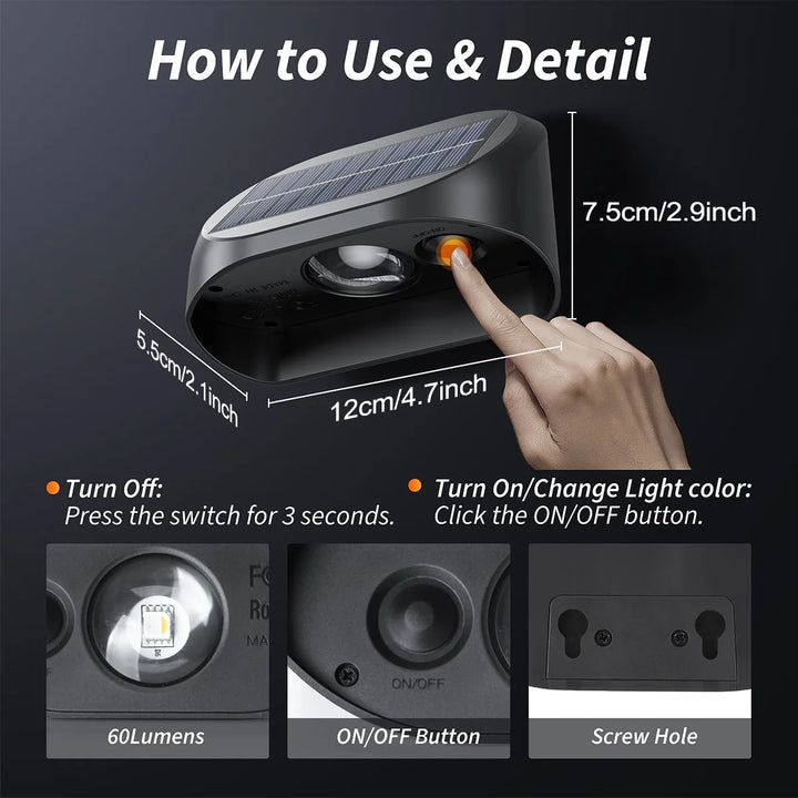 Solar Fence Lights Outdoor, RGB &amp; Warm White LED Wall Lights 60LM, 10+ Hours Auto On/Off, IP65 Waterproof Decorative Lighting for Garden, Patio &amp; Yard | NoxLumin