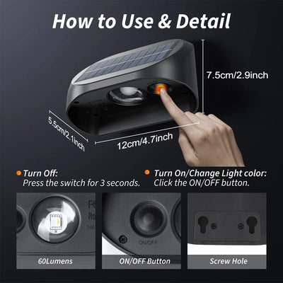 Solar Fence Lights Outdoor, RGB & Warm White LED Wall Lights 60LM, 10+ Hours Auto On/Off, IP65 Waterproof Decorative Lighting for Garden, Patio & Yard