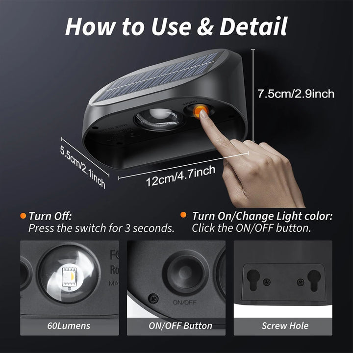 solar fence lights outdoor, rgb & warm white led wall lights 60lm, 10+ hours auto on/off, ip65 waterproof decorative lighting for garden, patio & yard - NoxLumin - 4