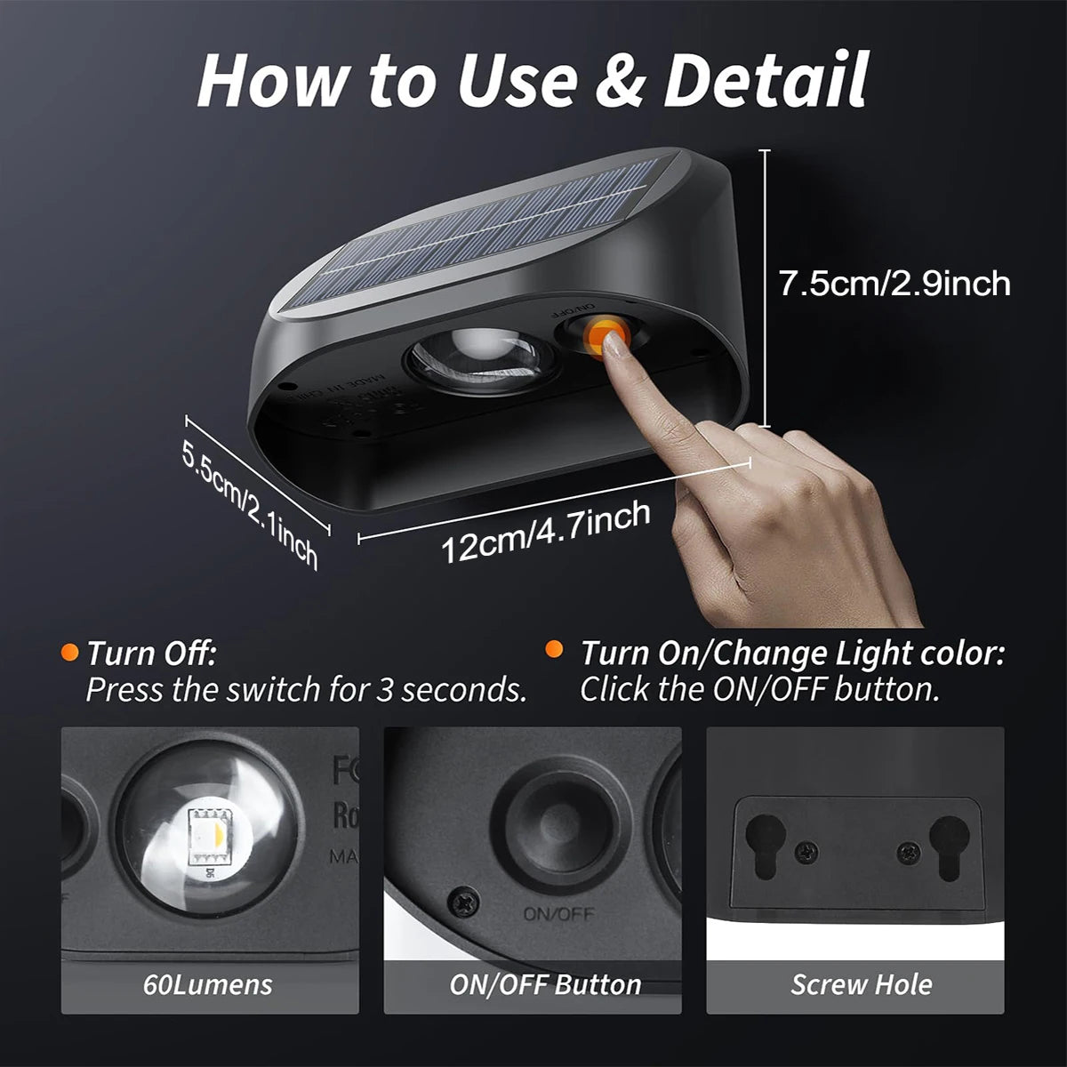 solar fence lights outdoor, rgb & warm white led wall lights 60lm, 10+ hours auto on/off, ip65 waterproof decorative lighting for garden, patio & yard - NoxLumin - 4