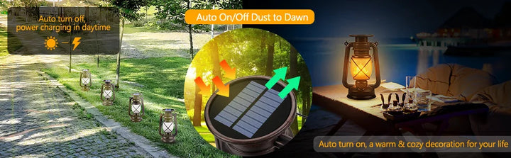 vintage solar lantern outdoor, auto on/off led flickering flame & stable light, ipx5 waterproof, hanging & tabletop decorative lamp - NoxLumin - 2