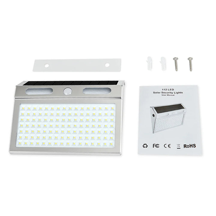 Lámpara solar de pared con sensor de movimiento - Luz de seguridad de 112 LED, IP65 resistente al agua, 4 modos, batería de 2200 mAh | NoxLumin