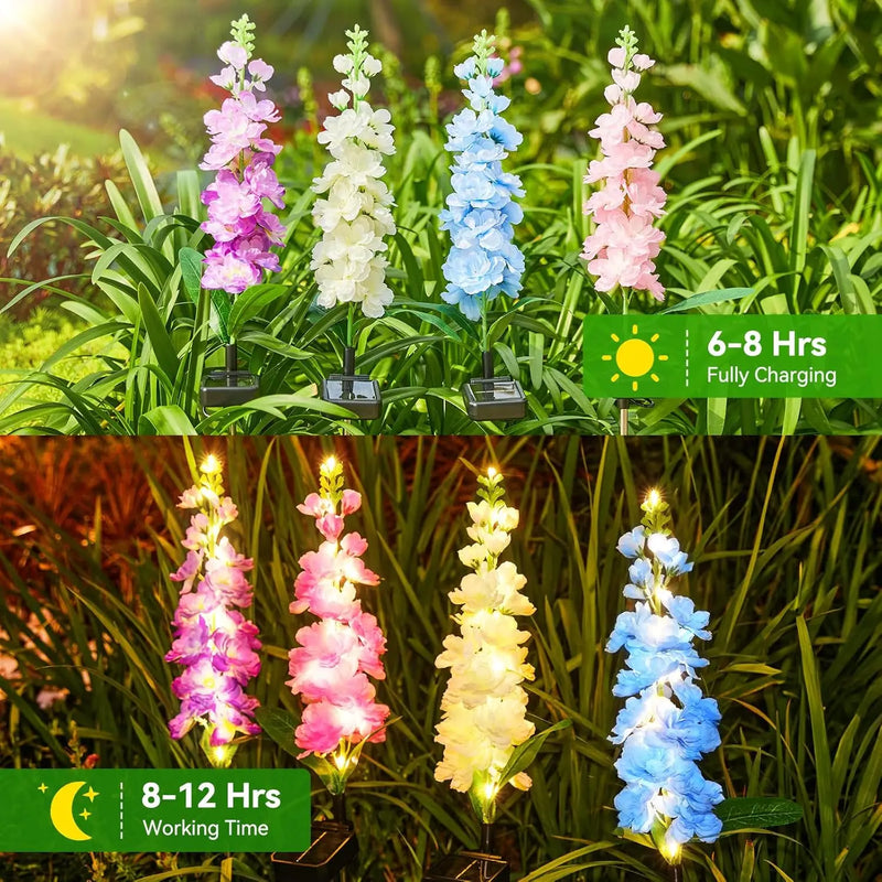 Lampe solaire en forme de fleur de delphinium, 68,5 cm (27 pouces), 600 mAh, étanche IPX5, autonomie de 8 à 12 heures, décoration de jardin | NoxLumin