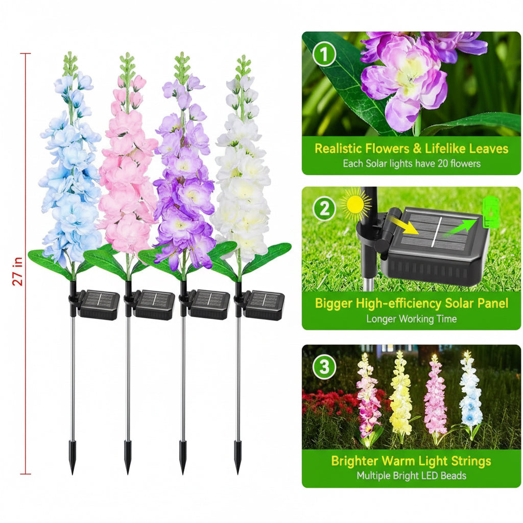 Size chart of Lampe solaire en forme de fleur de delphinium, 68,5 cm (27 pouces), 600 mAh, étanche IPX5, autonomie de 8 à 12 heures, décoration de jardin
