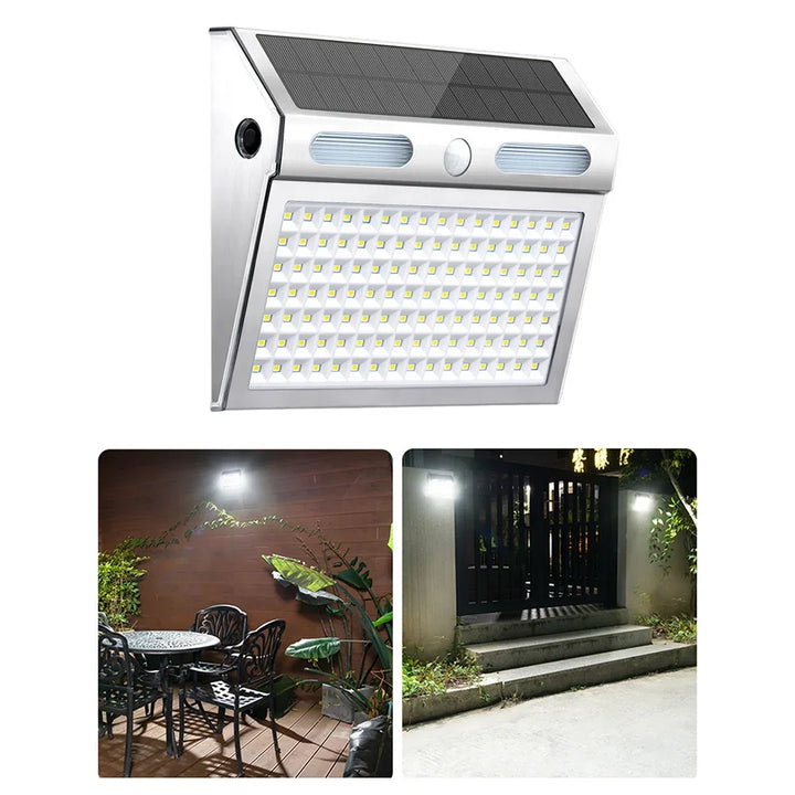 Lámpara solar de pared con sensor de movimiento - Luz de seguridad de 112 LED, IP65 resistente al agua, 4 modos, batería de 2200 mAh | NoxLumin