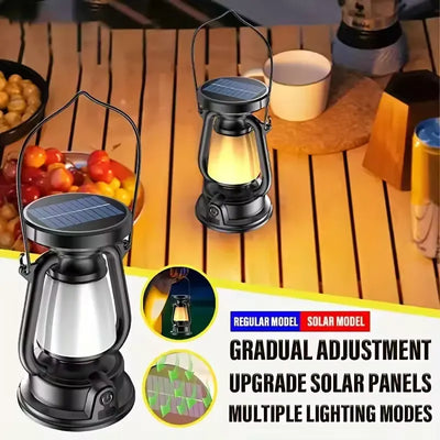Solar & USB Rechargeable Vintage LED Camping Lantern | Dimmable Portable Tent Light | Adjustable Color Temperature (3000-5000K)