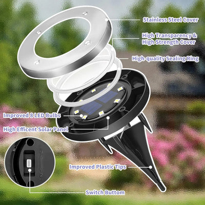 Solar Pathway Lights Outdoor 8-LED Disk Lights Waterproof for Yard, Deck, Driveway