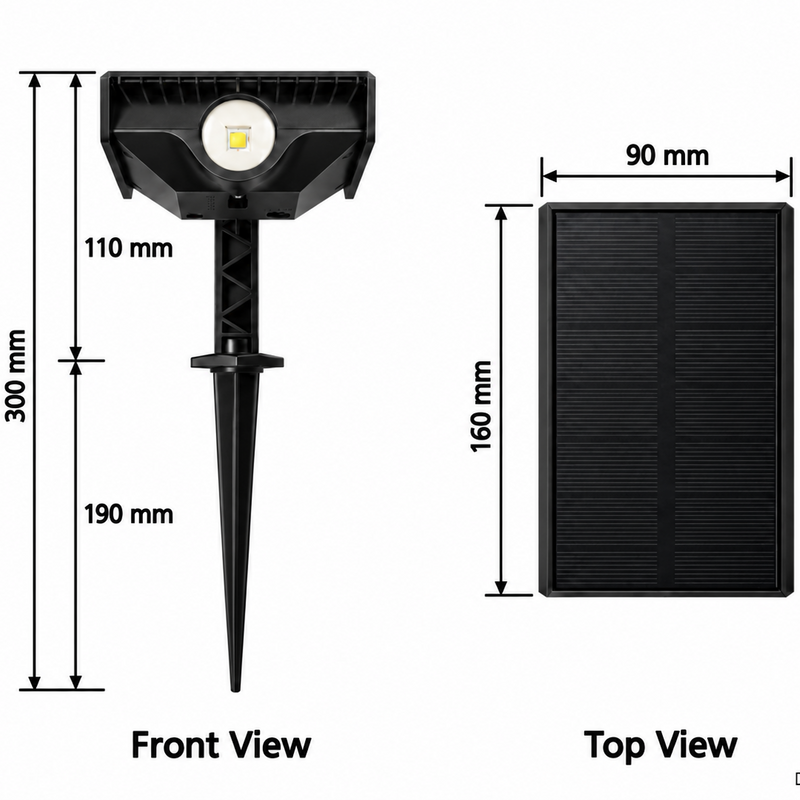 Front and top views of the NoxLumin solar tree spotlight: 300 mm overall height, 110 mm upper section, 190 mm stake and 160 x 90 mm solar panel.