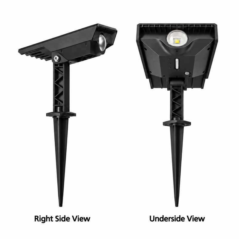 Side and underside views of the NoxLumin adjustable solar tree spotlight, showing the lens, controls, pivot joint and ground stake.