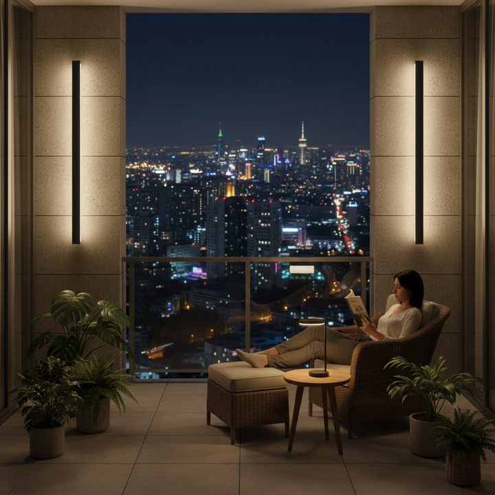 American condominium balcony with LED wall lights at night | NoxLumin