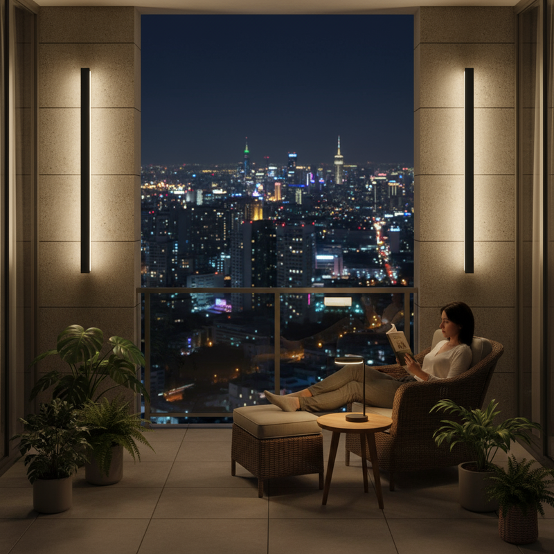 American condominium balcony with LED wall lights at night | NoxLumin