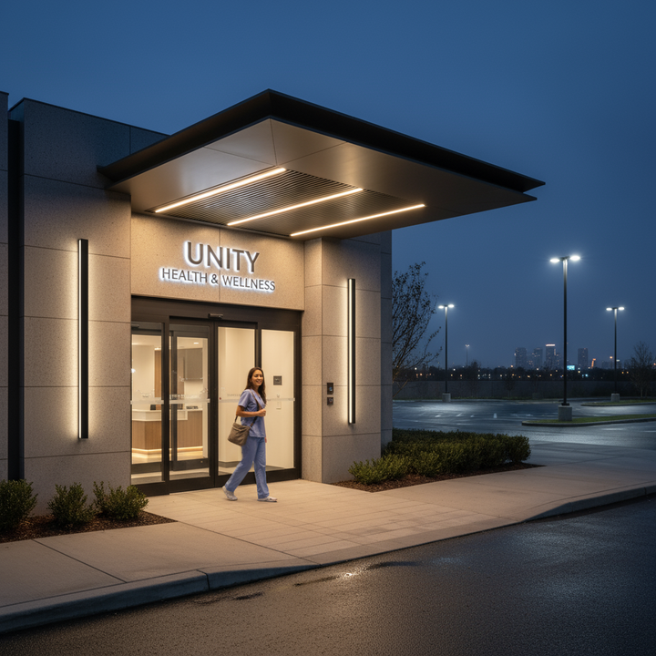 American medical clinic entrance with LED wall lights at night | NoxLumin