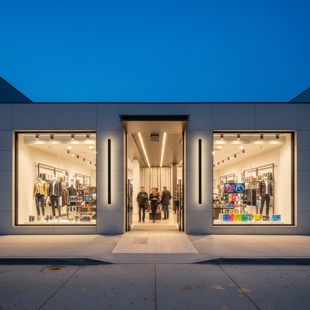 American retail storefront with LED wall lights at evening | NoxLumin