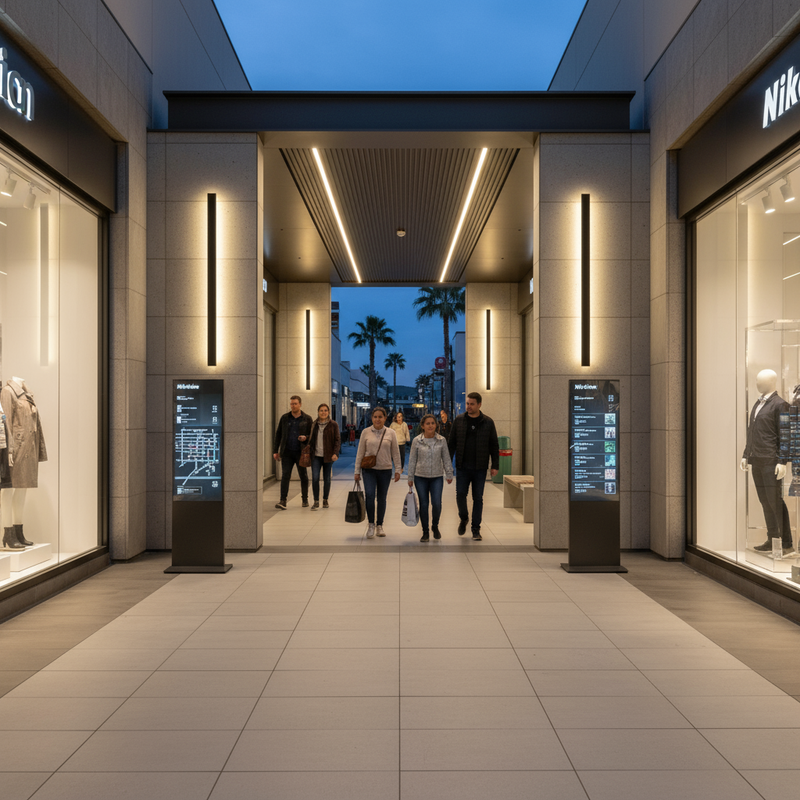 American shopping mall exterior walkway with LED wall lights at evening | NoxLumin