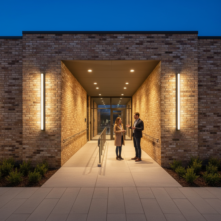 American suburban community center entrance with two people talking | NoxLumin
