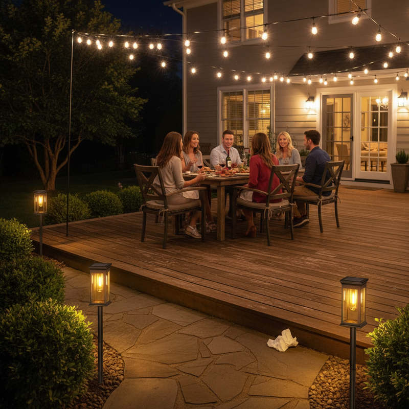 Backyard dinner party with solar lights creating intimate atmosphere | NoxLumin