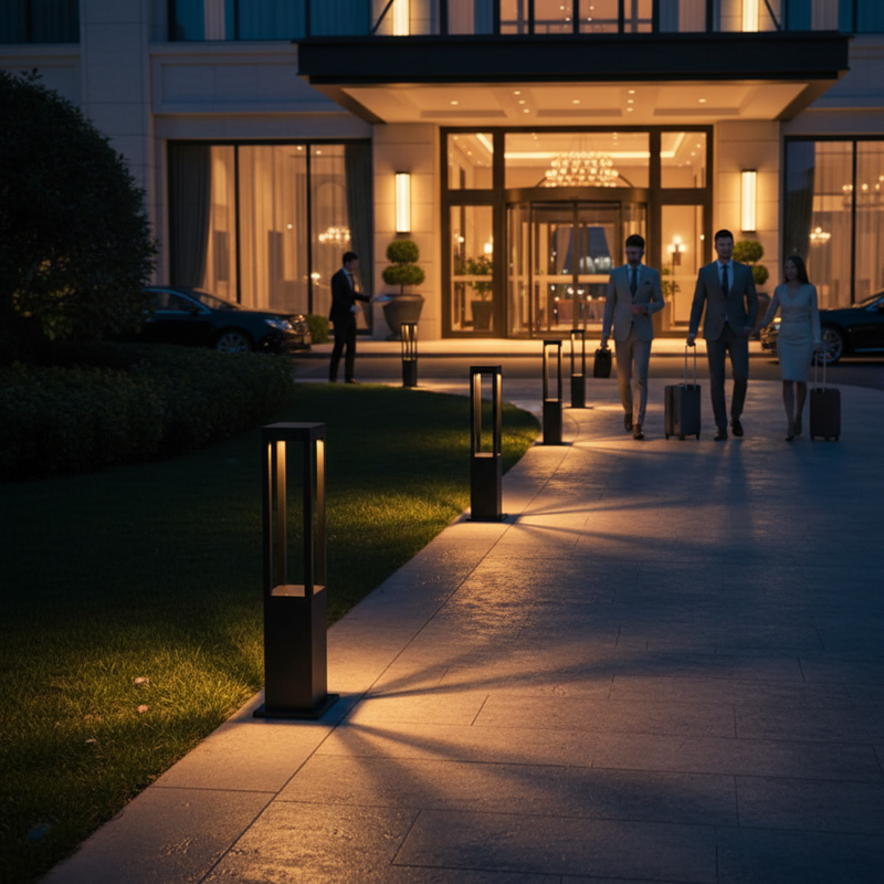 Black bollard light illuminating hotel entrance pathway at night | NoxLumin