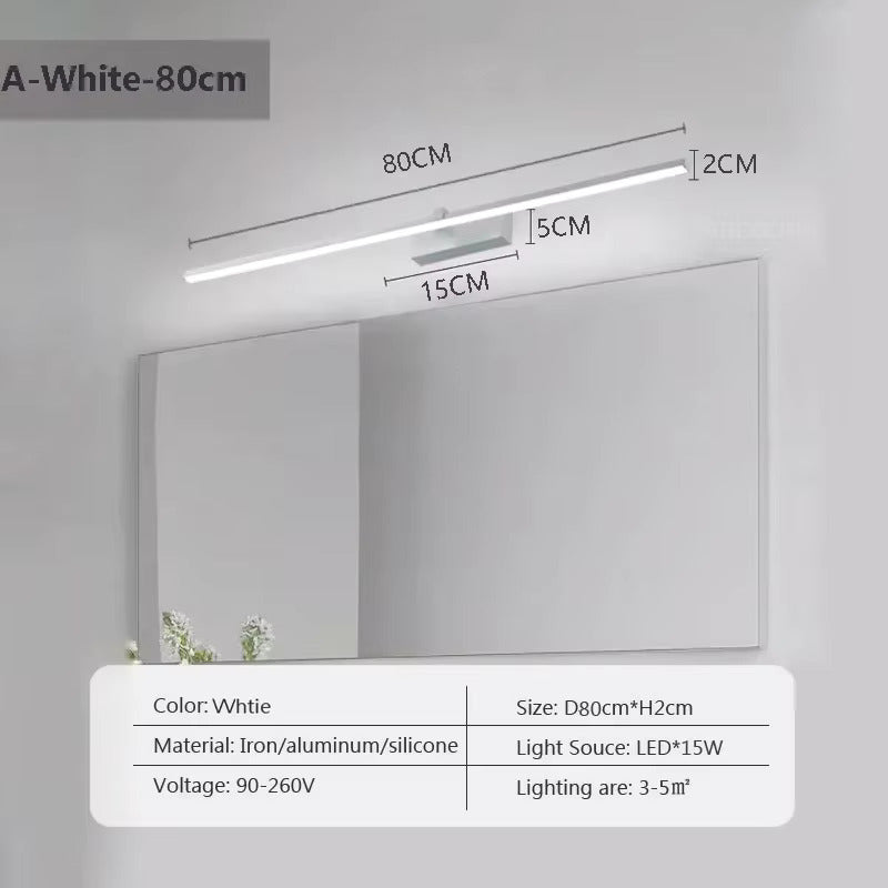 Vista de una luz LED lineal negra de pared con carcasa moderna y delgada para espejos de baño, obras de arte e iluminación ambiental