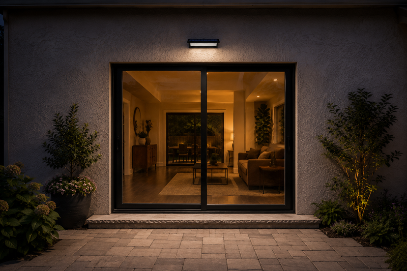 Black solar LED wall light installed above a glass sliding patio door, illuminating the entrance and surrounding garden at night