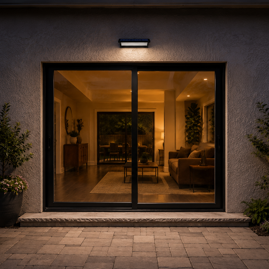 Black solar LED wall light installed above a glass sliding patio door, illuminating the entrance and surrounding garden at night