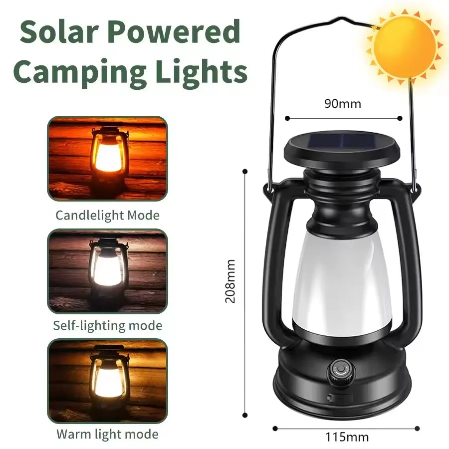 Black vintage solar camping lantern dimension graphic showing three light colors, 90 mm top width, 115 mm base width and 208 mm height