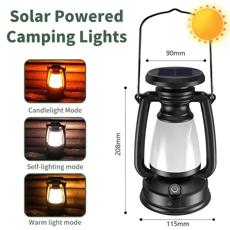 Black vintage solar camping lantern dimension graphic showing three light colors, 90 mm top width, 115 mm base width and 208 mm height