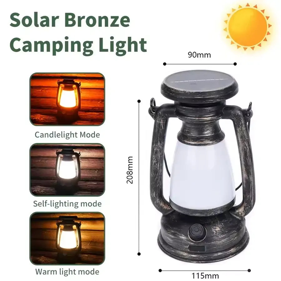Bronze vintage solar camping lantern dimension graphic showing three light colors, 90 mm top width, 115 mm base width and 208 mm height