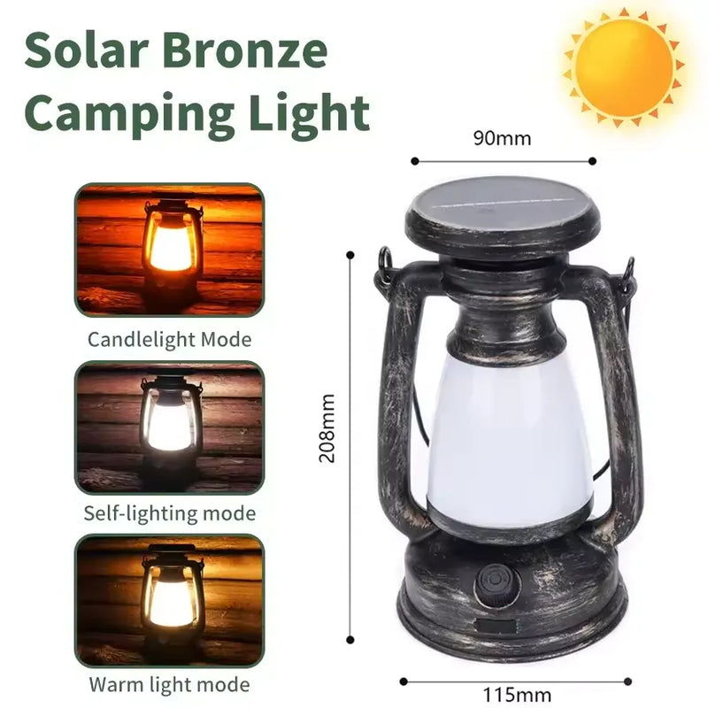 Bronze vintage solar camping lantern dimension graphic showing three light colors, 90 mm top width, 115 mm base width and 208 mm height