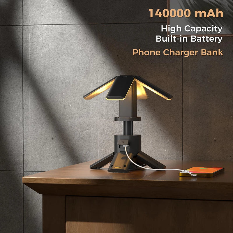14000mAh rechargeable camping lantern feature view showing USB device charging and built-in power bank capability
