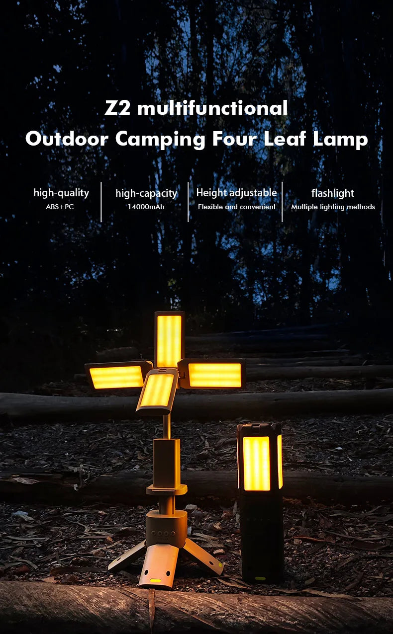 Camping lantern feature graphic showing multiple adjustable LED panels for directional and wide-area illumination