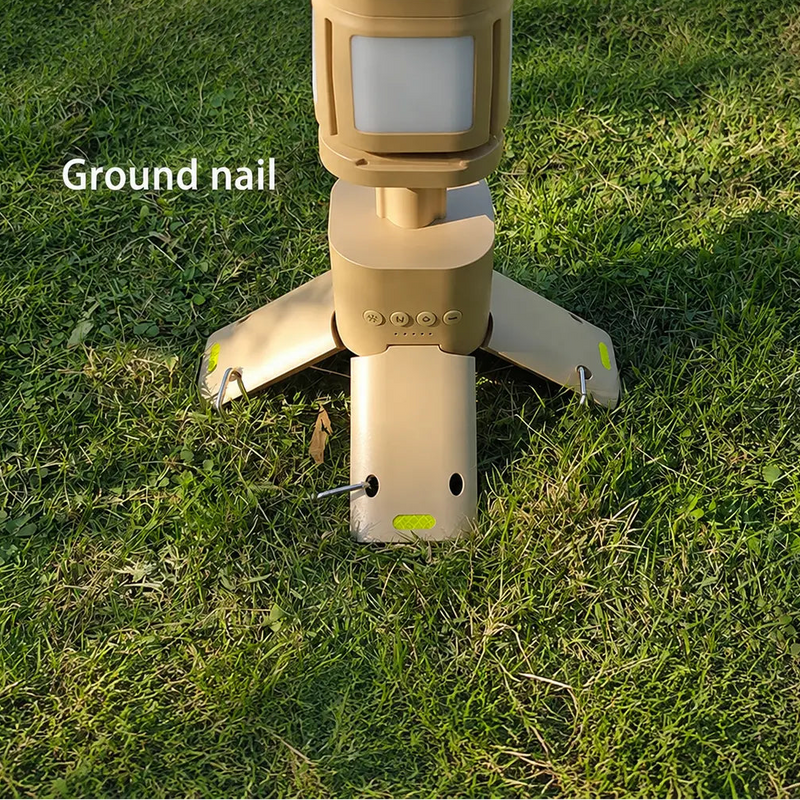 Close-up of the rechargeable camping lantern base showing control buttons, four-leg support and ground fixing pins
