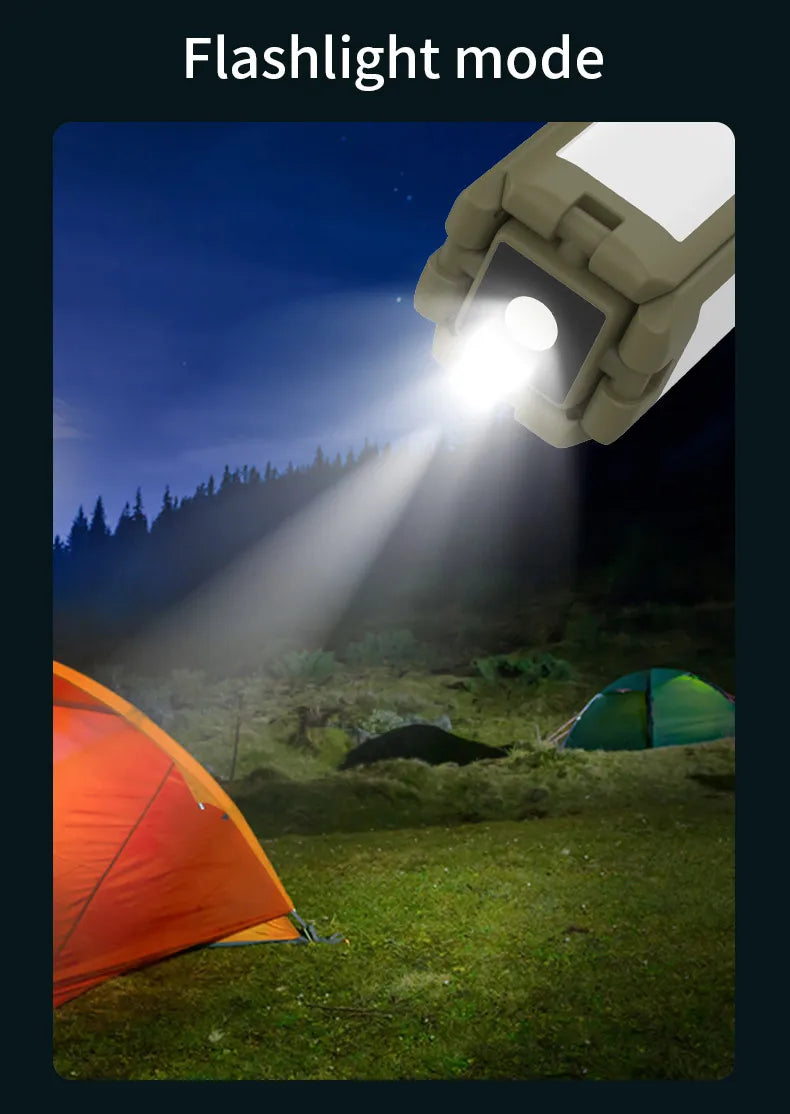 Close-up of the rechargeable camping lantern base showing lighting controls, charging connections and rugged housing