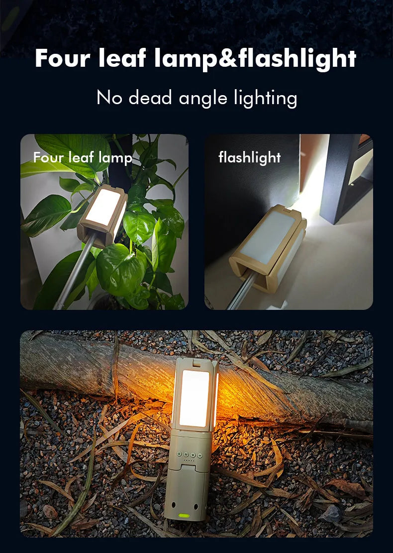 Rechargeable camping lantern folded into a compact configuration for carrying, storage and handheld directional lighting