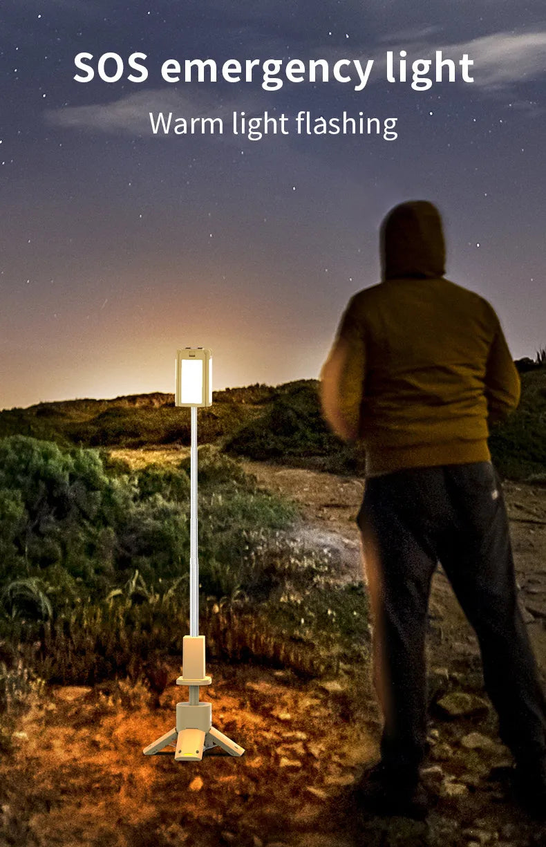 Rechargeable camping lantern demonstrating its magnetic base for hands-free attachment to vehicles and metal surfaces