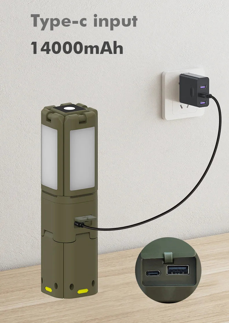 Telescopic rechargeable camping lantern used as elevated work lighting for outdoor maintenance, vehicle and campsite tasks