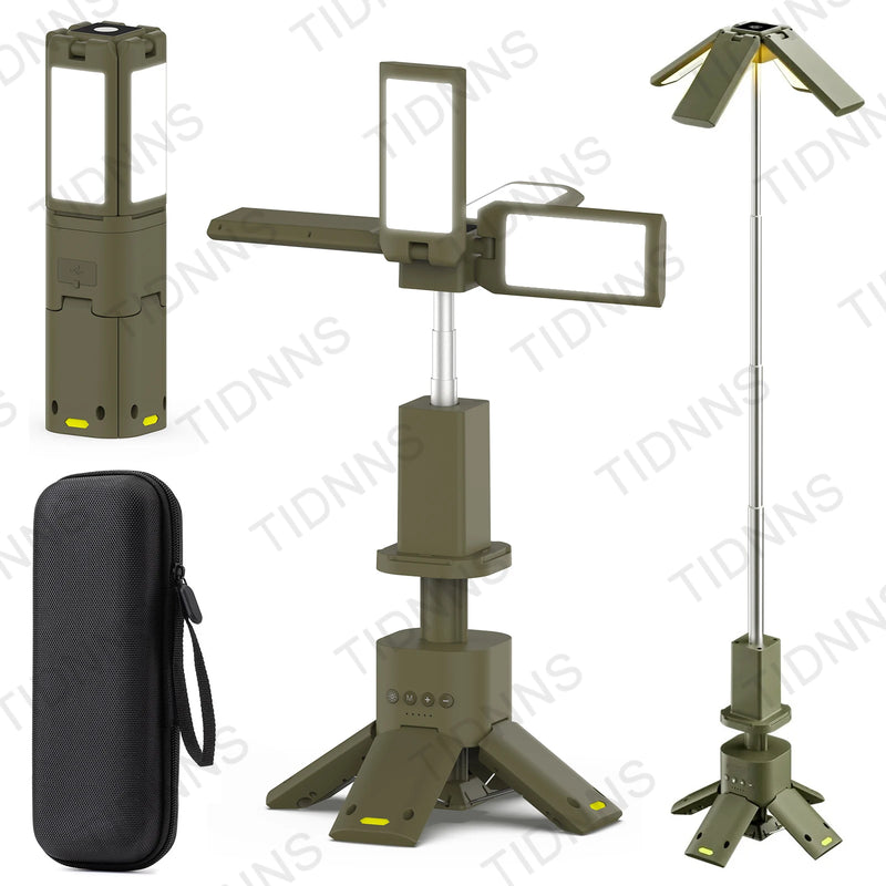 Rechargeable camping lantern package contents showing the light, charging cable, ground fixing pins and included accessories