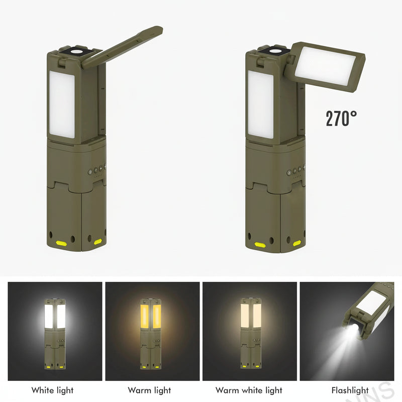 Rechargeable camping lantern feature view showing multiple rotatable LED heads for adjustable directional and flood lighting