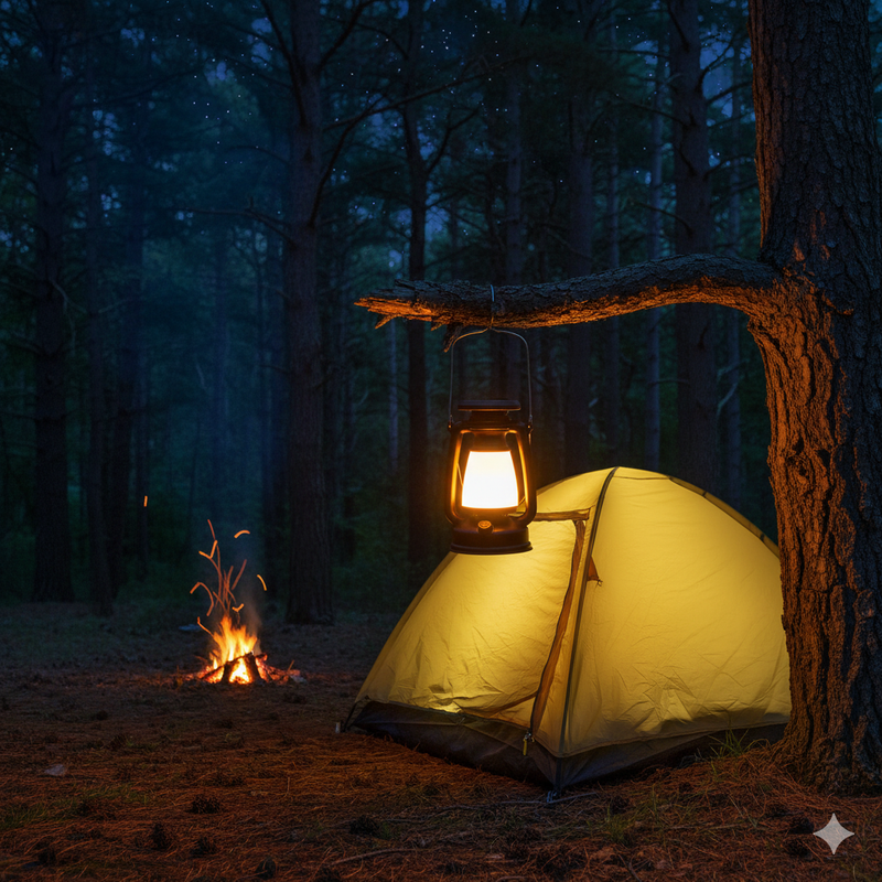 Vintage camping lantern shown with its top-mounted solar panel for daytime charging during camping and off-grid use