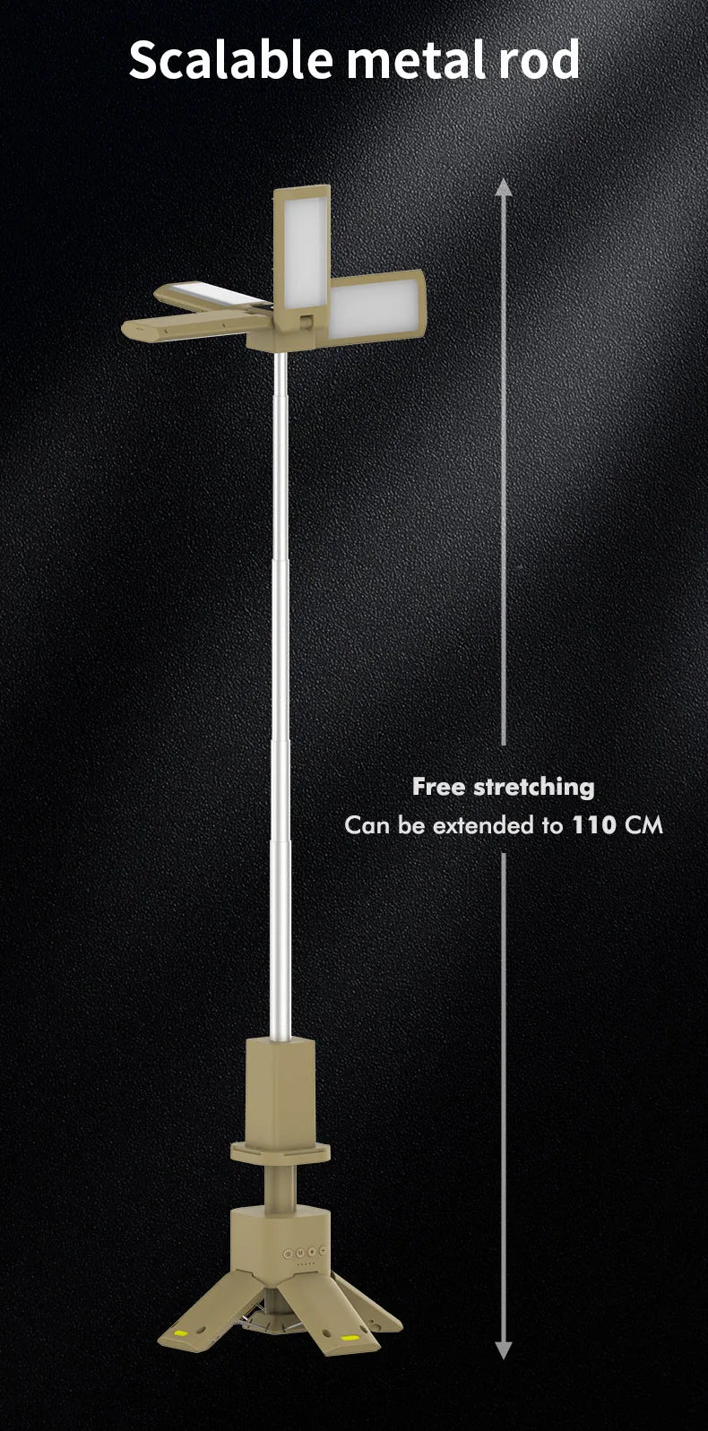 Rechargeable camping lantern demonstrating telescopic height adjustment for elevated campsite, fishing and emergency lighting