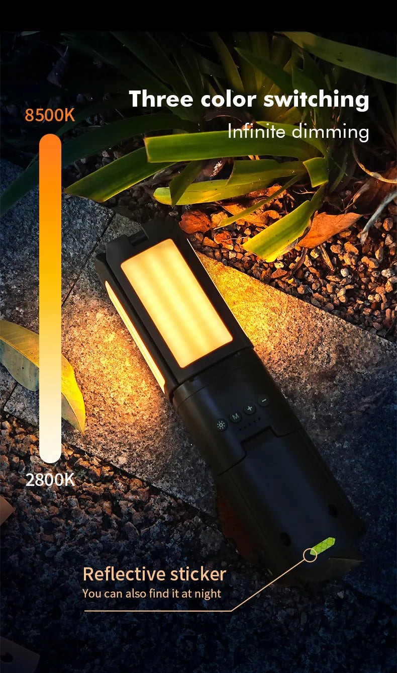 Rechargeable camping lantern showing USB charging ports and power-bank capability for portable devices outdoors