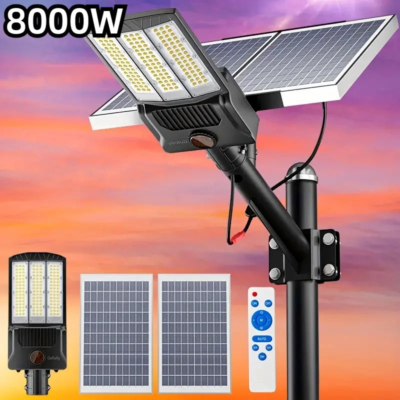 Commercial solar flood light system with dual solar panels and a large LED lamp for high-output outdoor area lighting