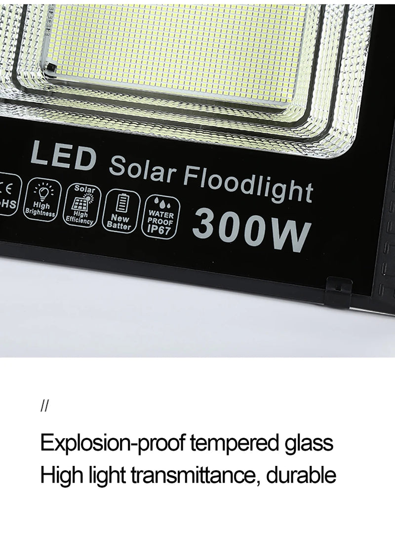 Commercial solar LED light feature graphic illustrating bright wide-area coverage for outdoor security and landscape lighting