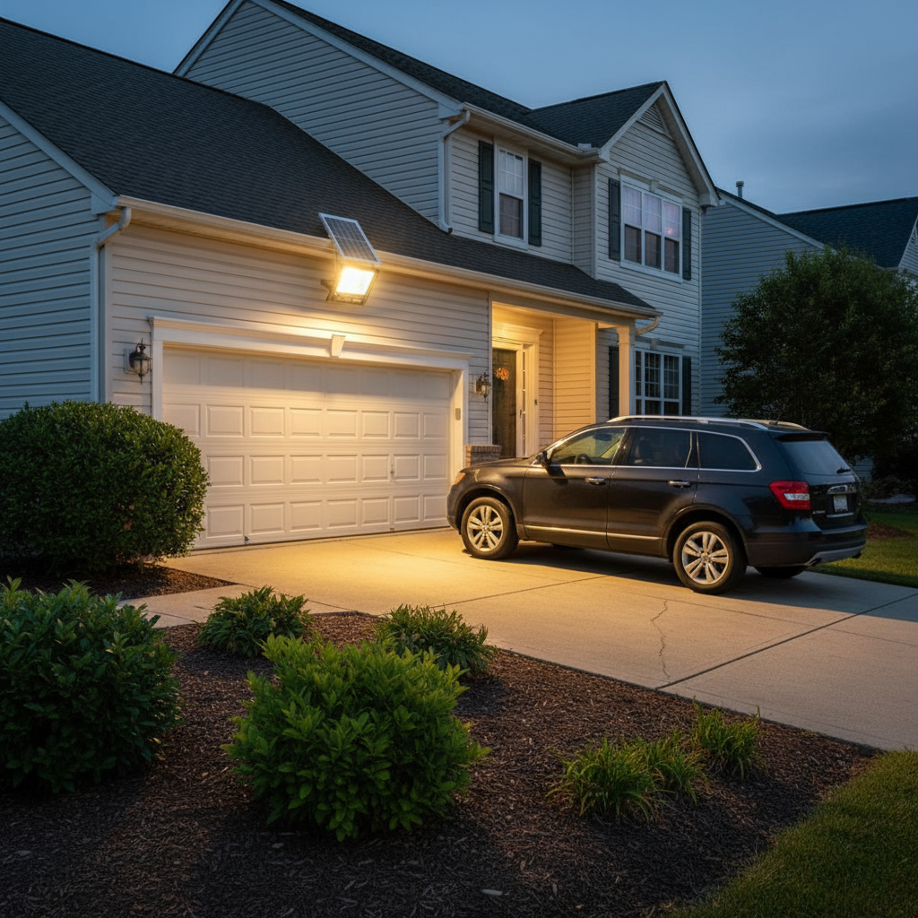 Commercial solar light illuminating suburban driveway at dusk | NoxLumin