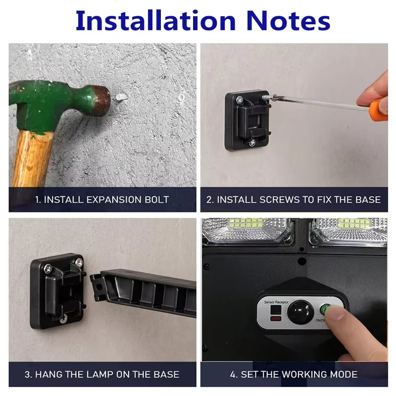 Commercial solar lighting fixture shown with remote control and mounting components for outdoor yard and garden installation