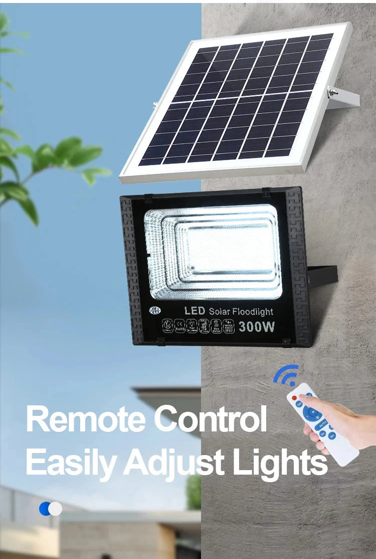 Commercial solar outdoor light shown with remote control for convenient nighttime lighting adjustment