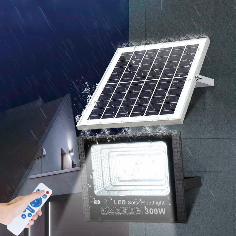 Commercial solar street light with a large rectangular LED panel and integrated solar-powered outdoor lighting design