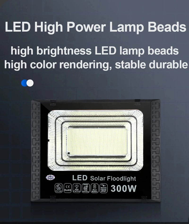 Commercial solar street light feature overview showing the large LED lighting panel and outdoor mounting design