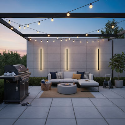 Contemporary American backyard patio with LED wall lights at twilight