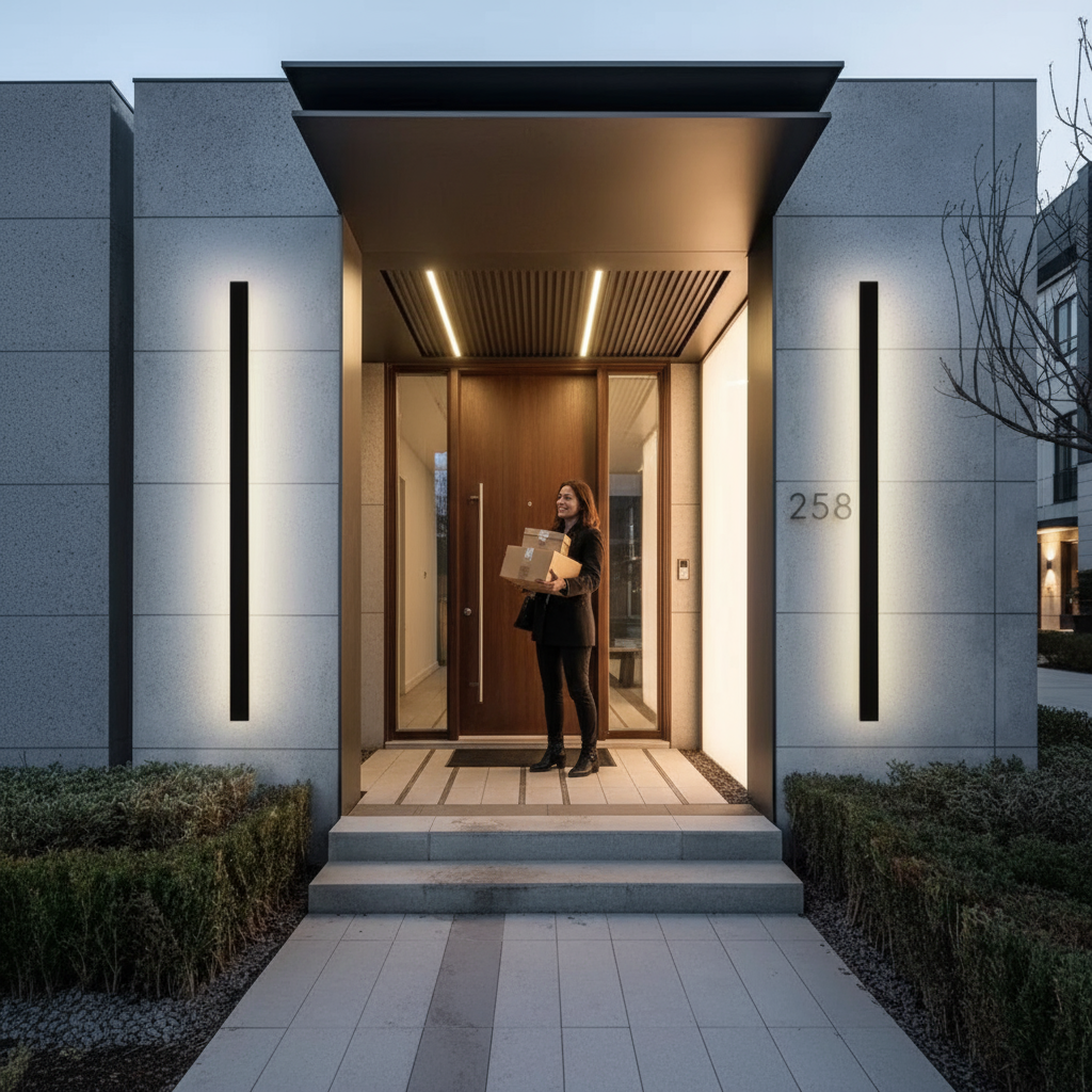 Contemporary American townhouse entrance with LED wall sconce | NoxLumin